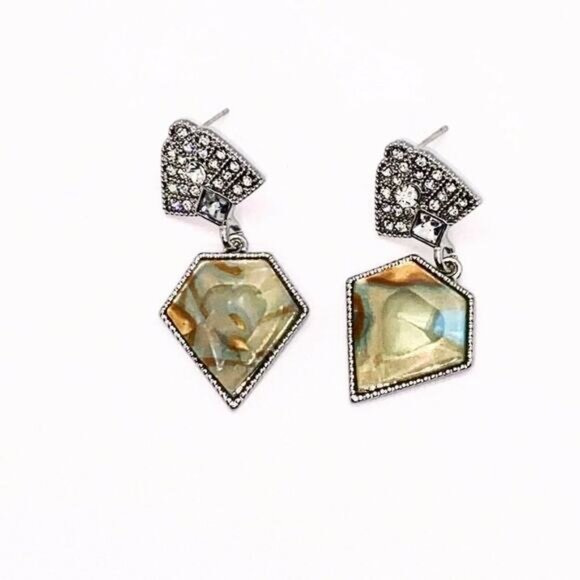 Silver Crystal Abalone Colored Stone Dangle Earrings - Picture 3 of 8